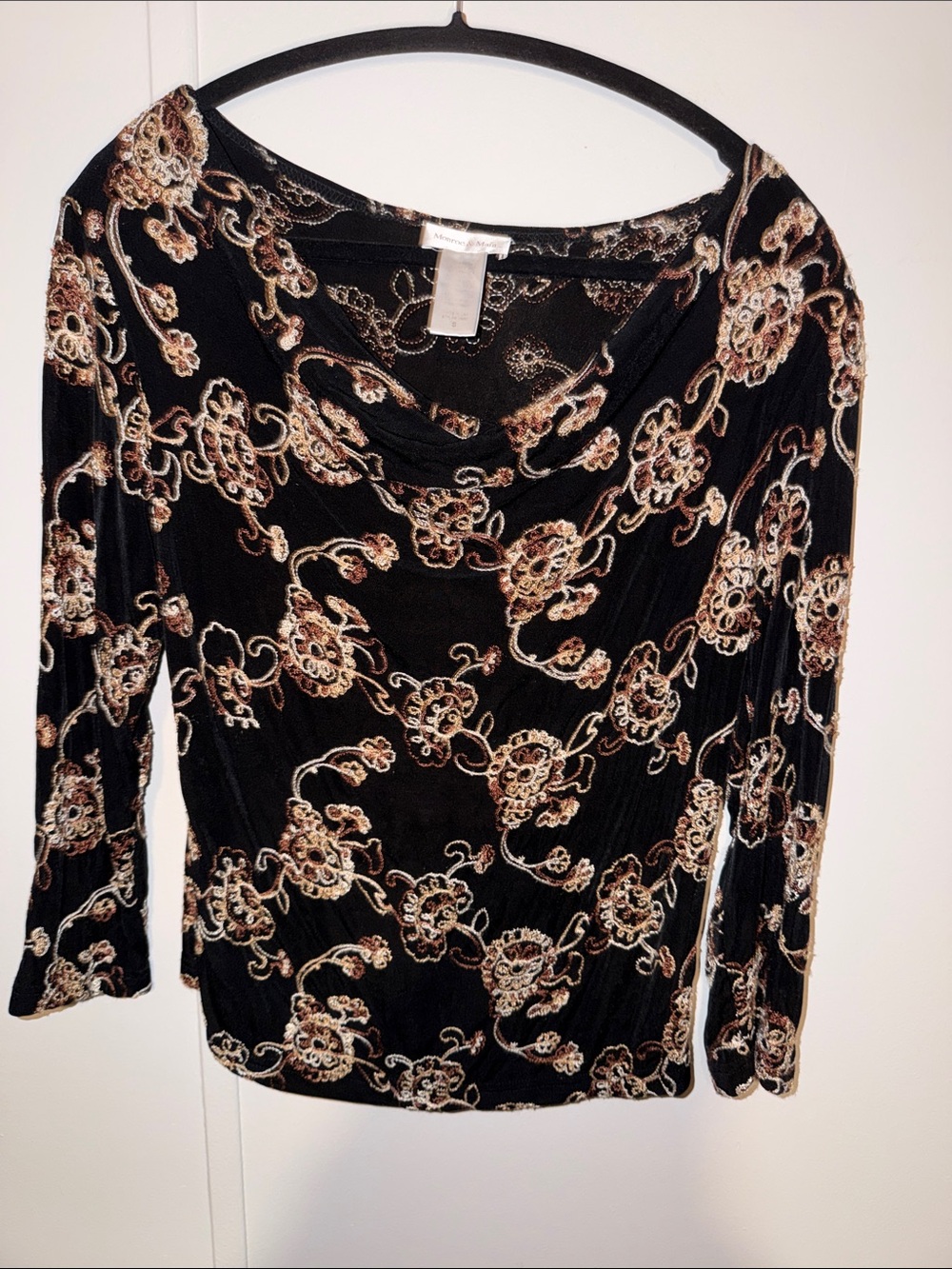 Monroe & Main Black‎ Velvet-Look Floral Draped Neck Top
